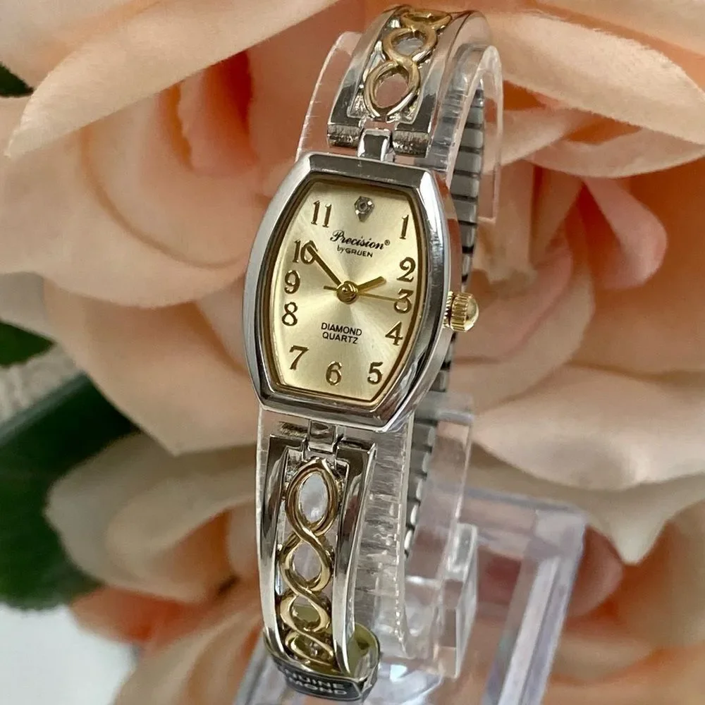 Gruen Precision Diamond Accented Dial Tonneau Case Watch with Stretch Band